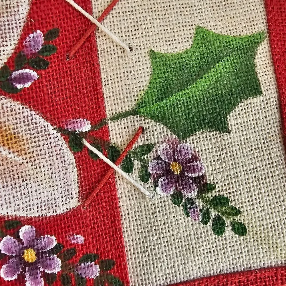 Hand-Made Tote Bag Christmas Jute Craft-Fabric Ribbon Flowers Hand Painted Gift